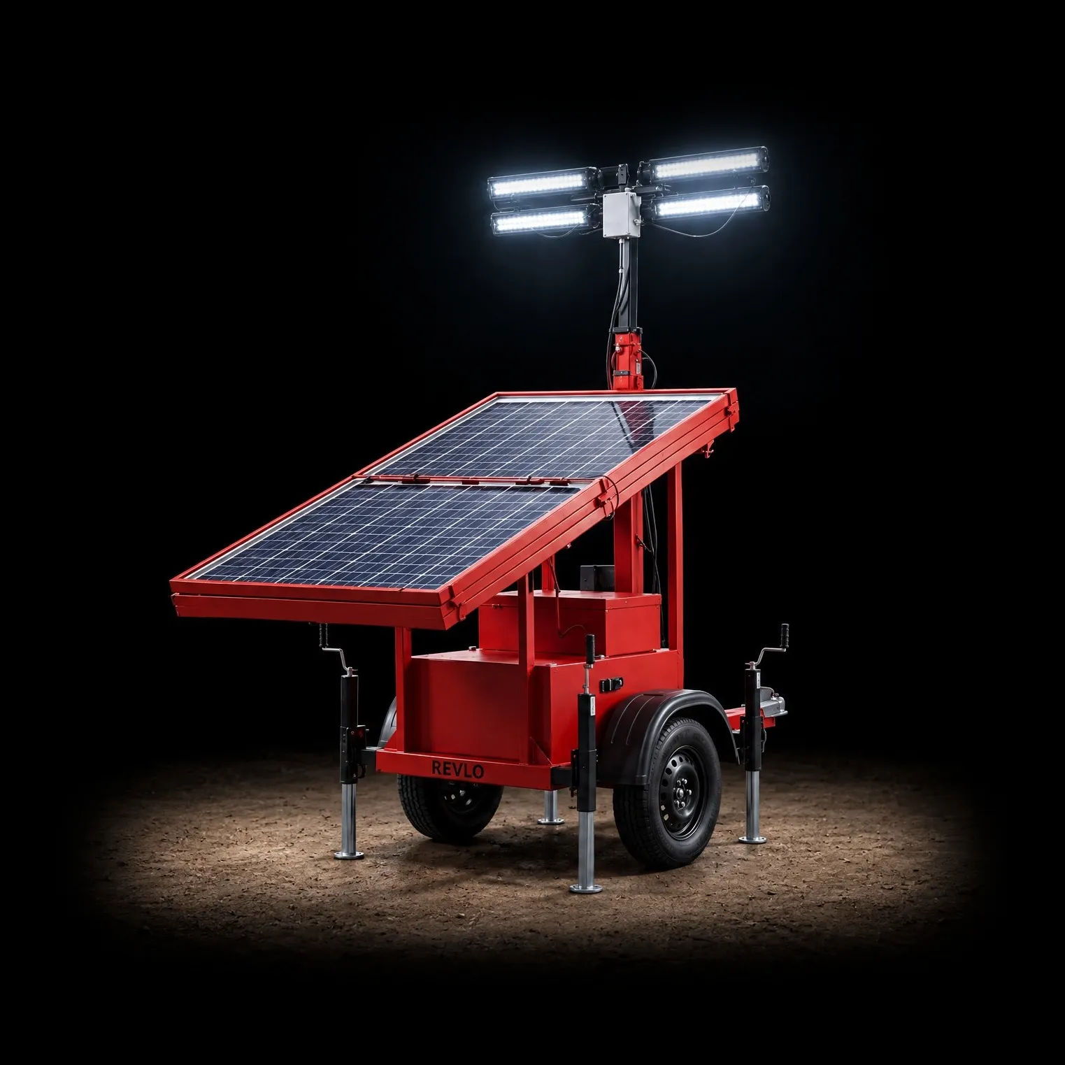 Torre de iluminação solar Revlo ECO 300 acesa, com o painel solar aberto sobre a carretinha vermelha