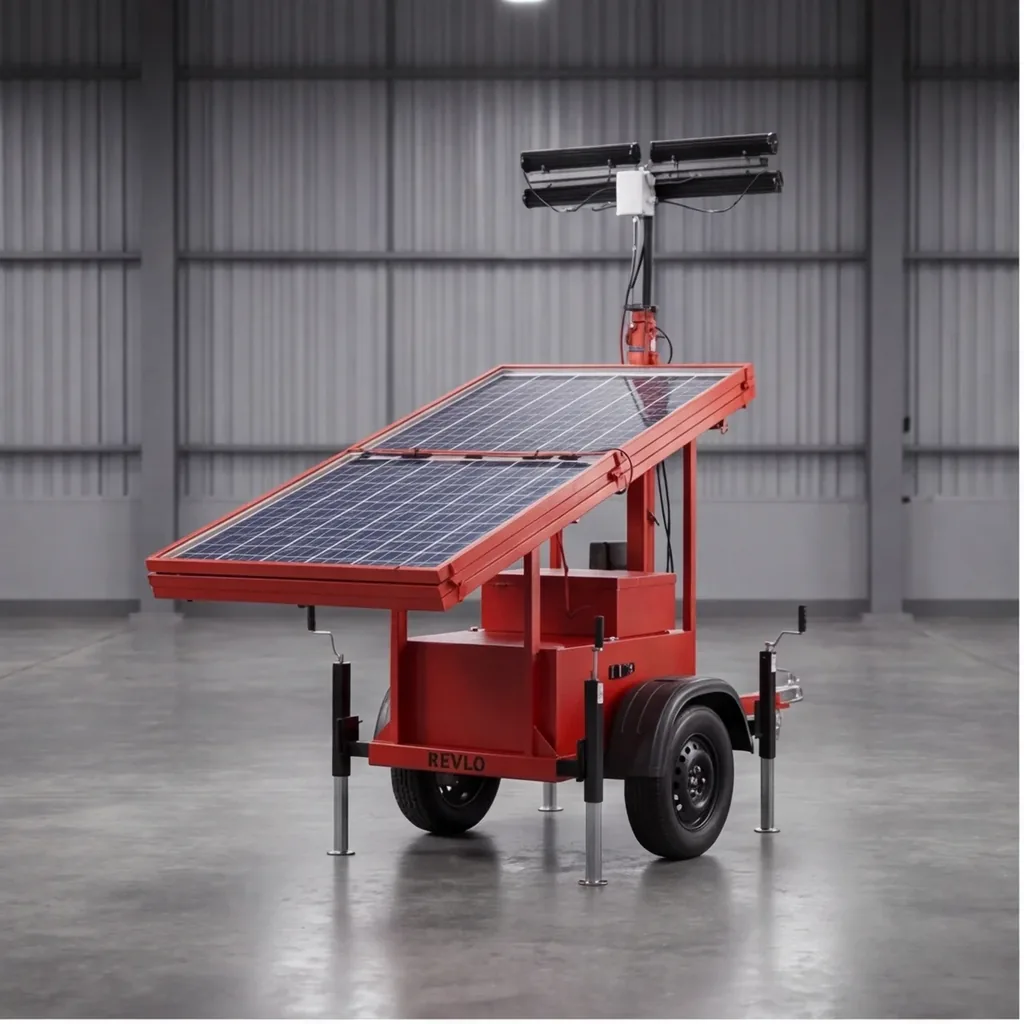 Torre de iluminação solar Revlo ECO 300 com as placas fotovoltaicas abertas e o mastro erguido
