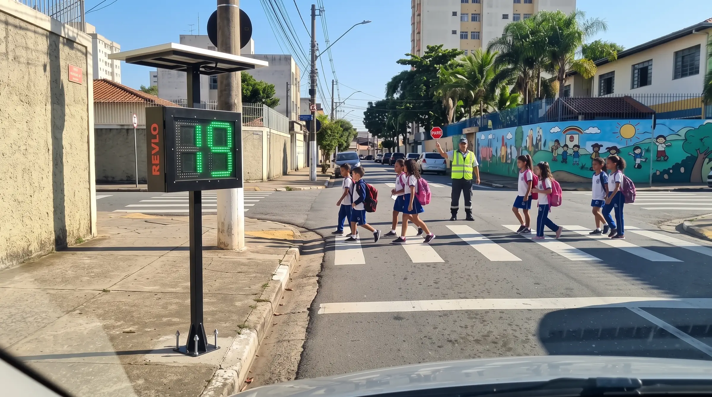 Lombada eletrônica Revlo em coluna na frente de uma escola, mostrando a velocidade para o motorista