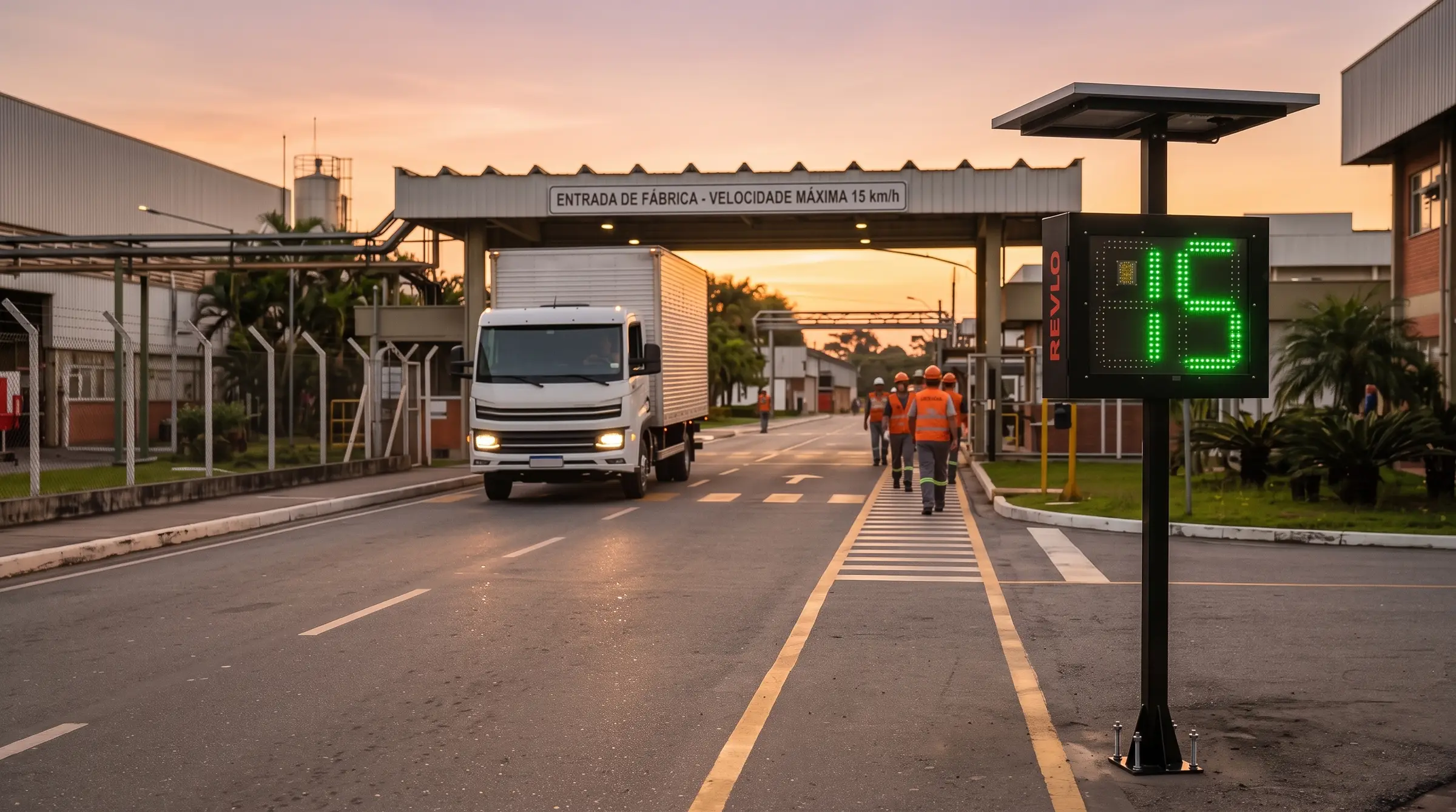 Lombada eletrônica Revlo mostrando 15 em LED verde na entrada de uma fábrica ao entardecer, com caminhão se aproximando e funcionários na faixa de pedestre
