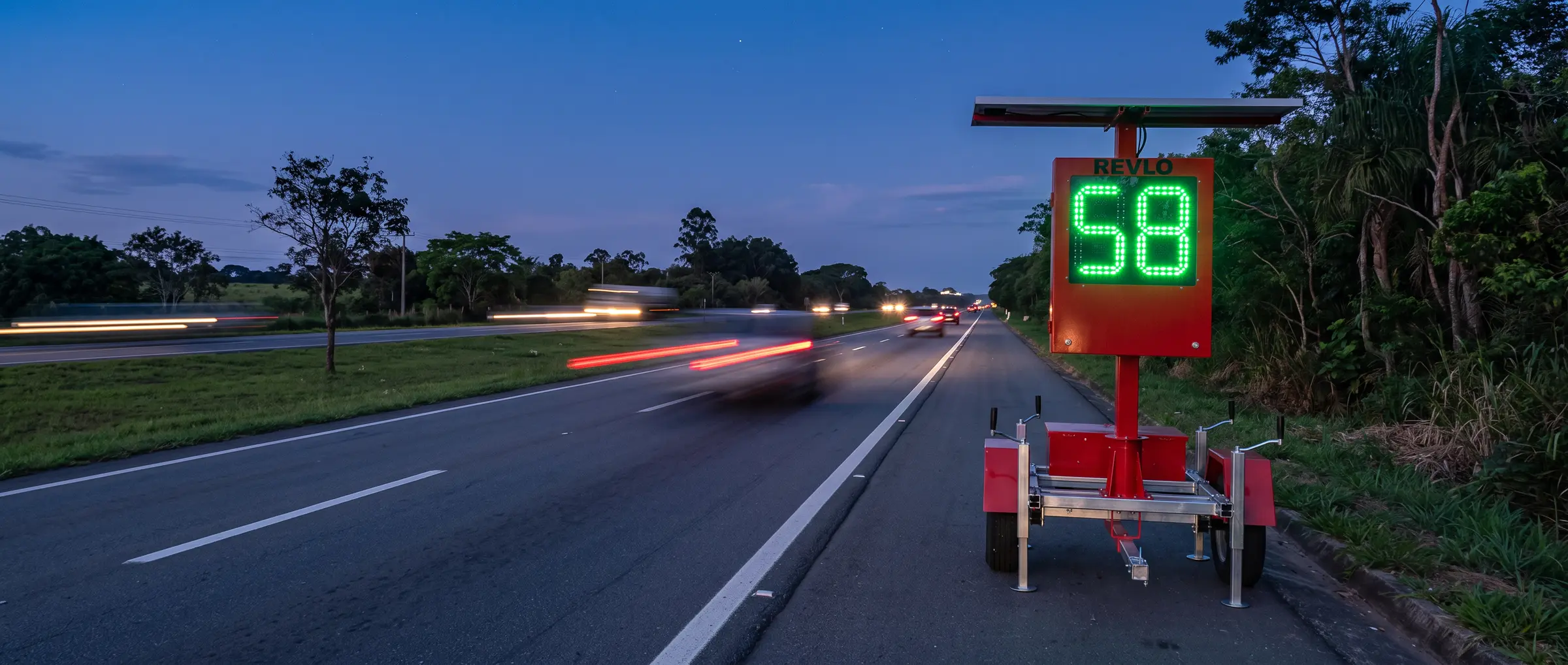 Lombada eletrônica móvel Revlo no acostamento de uma rodovia ao anoitecer, mostrando a velocidade em LED verde