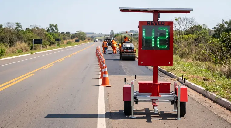 Lombada eletrônica móvel Revlo antes de uma faixa interditada por cones, com a equipe de pavimentação trabalhando na faixa fechada