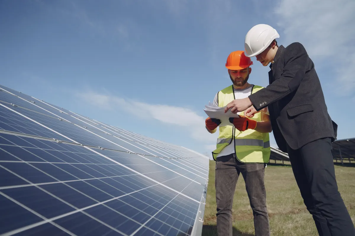 Engenheiro e técnico inspecionando painéis solares com prancheta em mãos