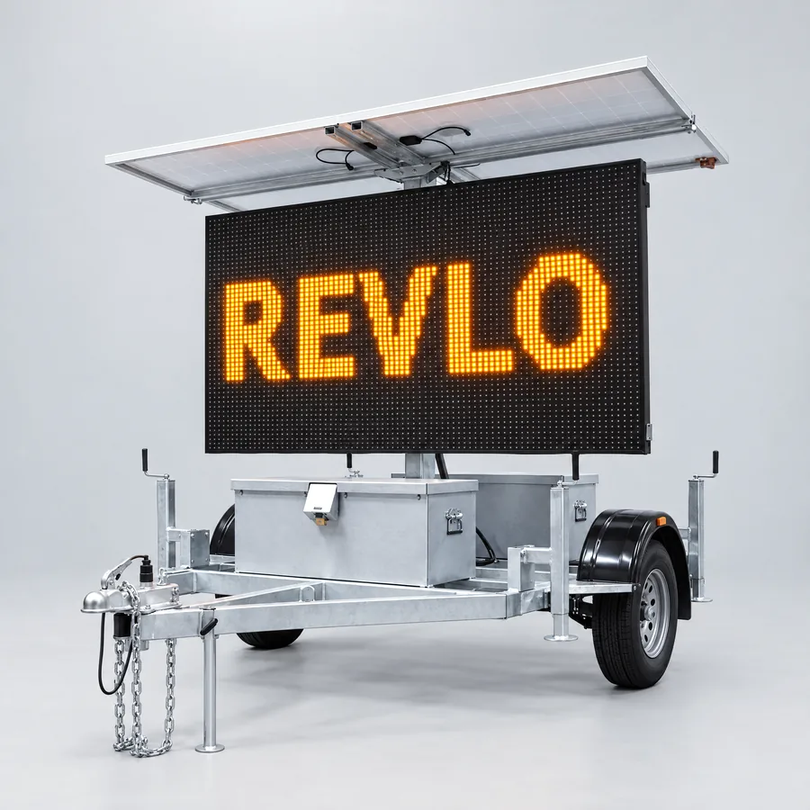 Painel de mensagem variável móvel escrevendo REVLO em LED âmbar, sobre a carretinha galvanizada
