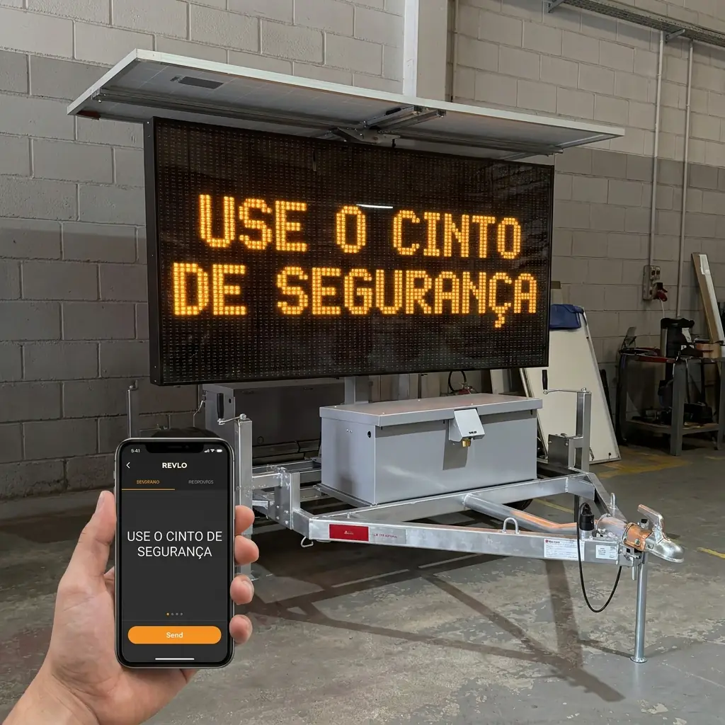 Mão segurando um celular com o aplicativo Revlo aberto, enviando a mensagem USE O CINTO DE SEGURANÇA para o painel de mensagem variável ao fundo