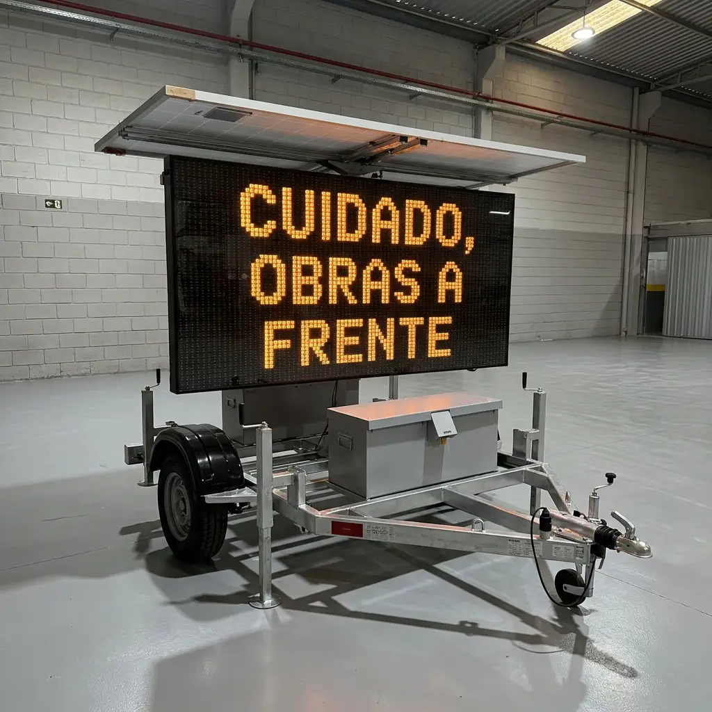 Painel de mensagem variável móvel Revlo exibindo CUIDADO, OBRAS A FRENTE em três linhas de LED âmbar, dentro do galpão da fábrica