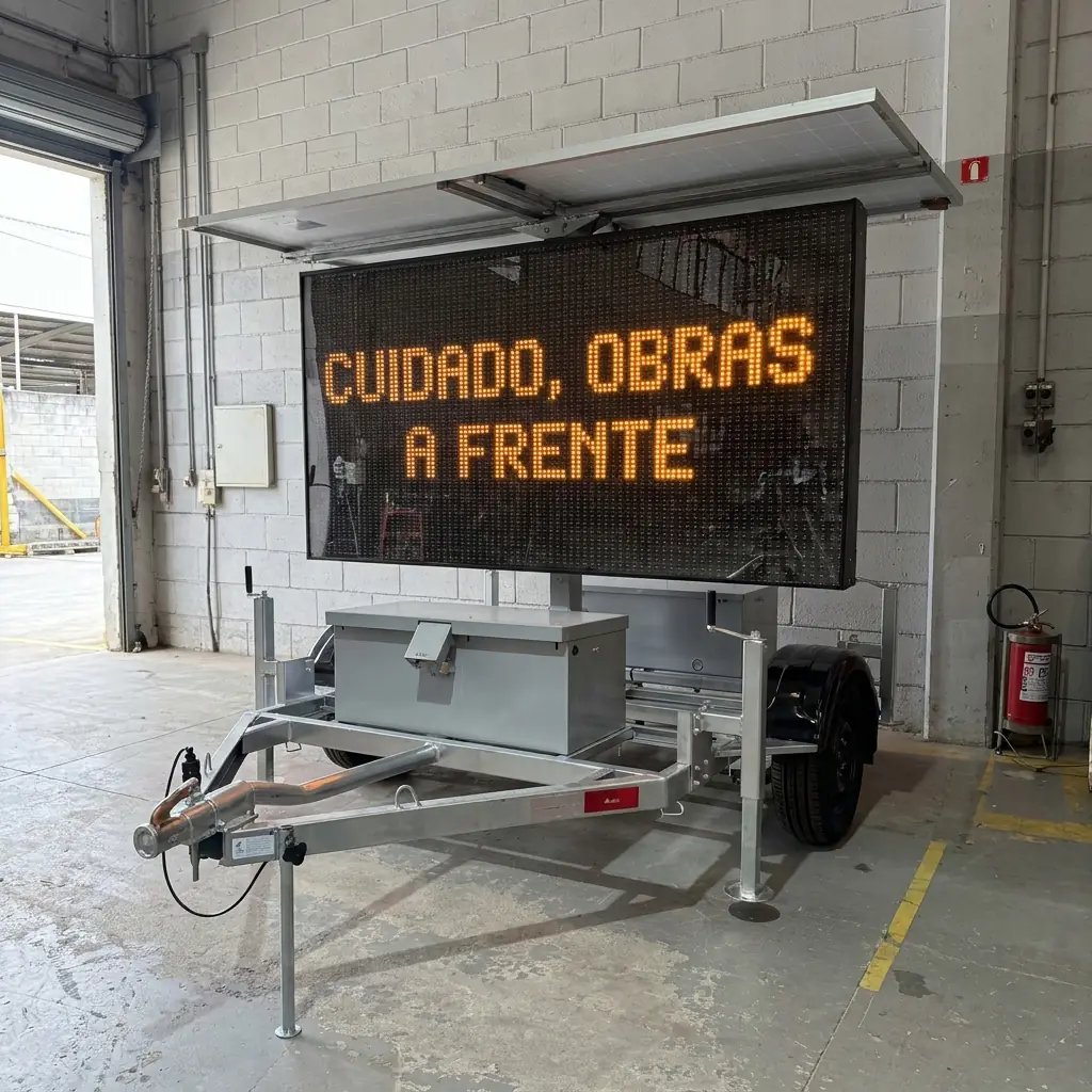 Painel de mensagem variável móvel Revlo com o aviso CUIDADO, OBRAS A FRENTE, posicionado junto ao portão de saída do galpão