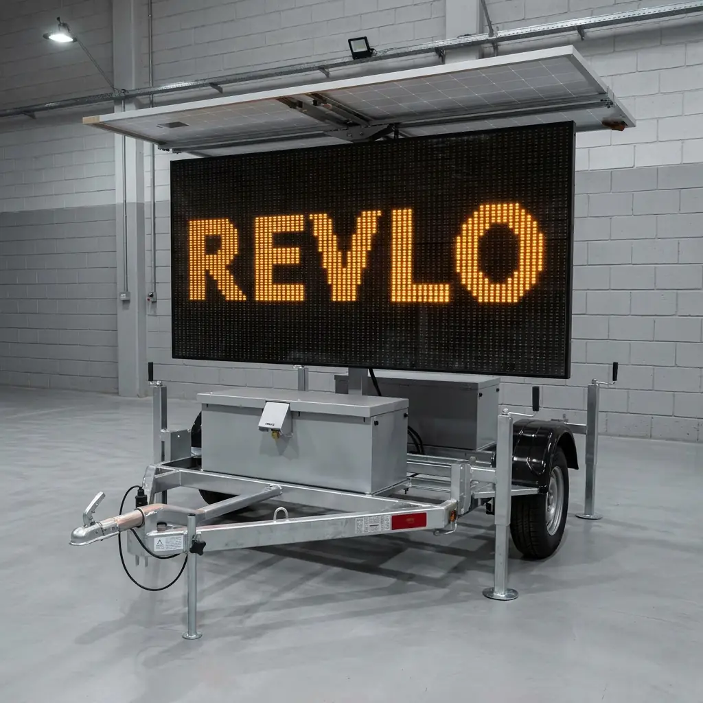 Painel de mensagem variável móvel Revlo com os quatro pés estabilizadores baixados e a tela de LED acesa