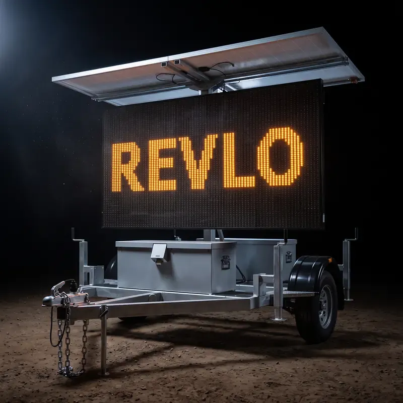 Painel de mensagem variável móvel Revlo com mensagem em LED âmbar e painel solar