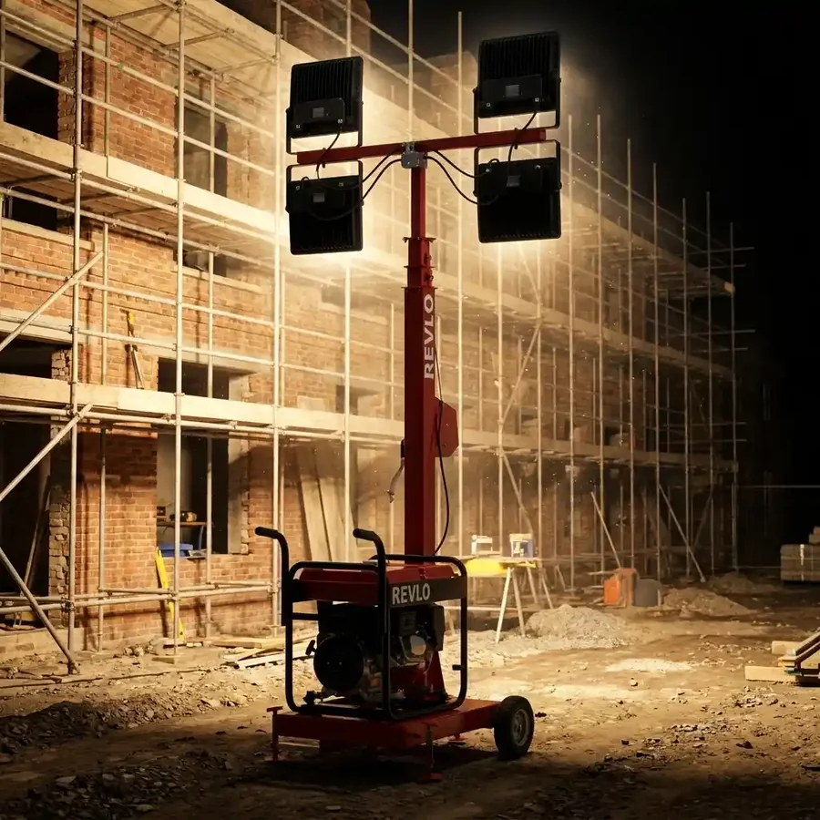 RV 2400 acesa à noite em obra, iluminando a fachada em andaimes de um prédio em construção