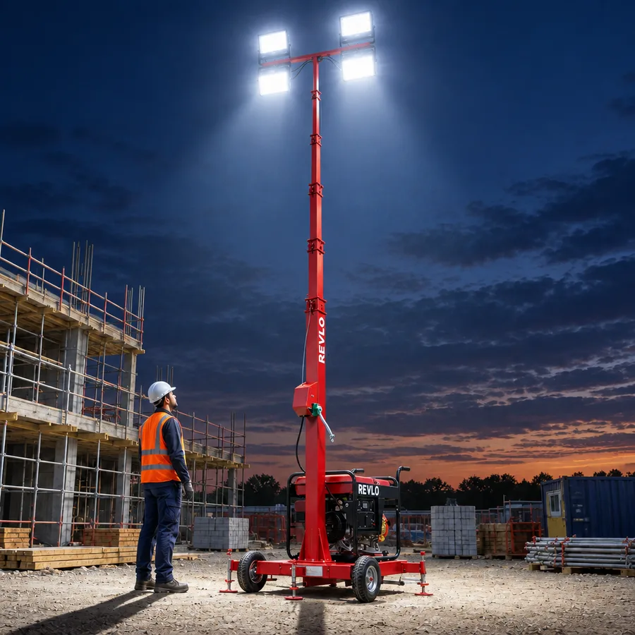 RV 2400 com o mastro estendido a 4 metros num canteiro de obras ao anoitecer, com um operário ao lado da base