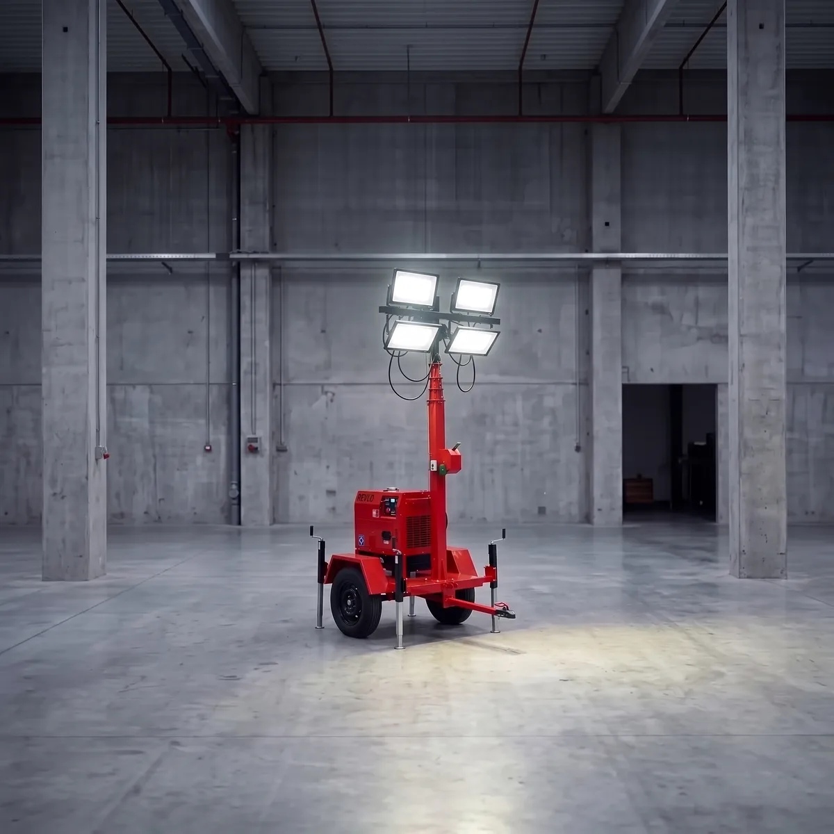 RV 4000 acesa no meio de um galpão industrial vazio, com a área iluminada no piso de concreto