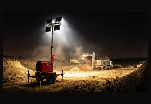 Torre de iluminação Revlo em operação noturna
