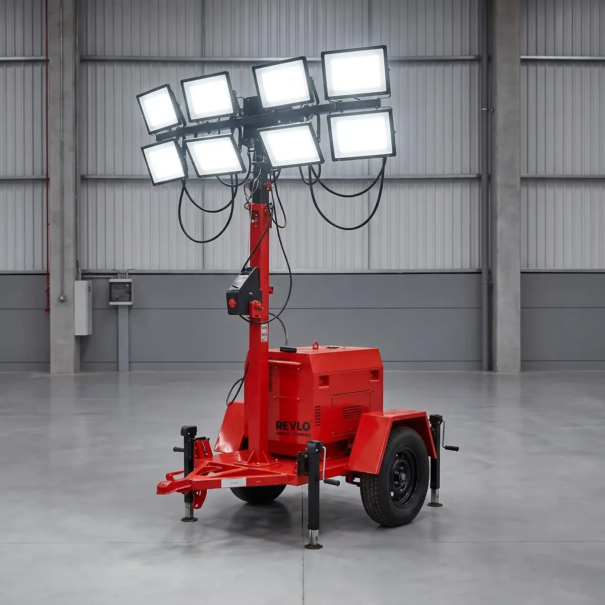 Torre de iluminação Revlo RV 4800 com o mastro erguido e os oito refletores de LED acesos