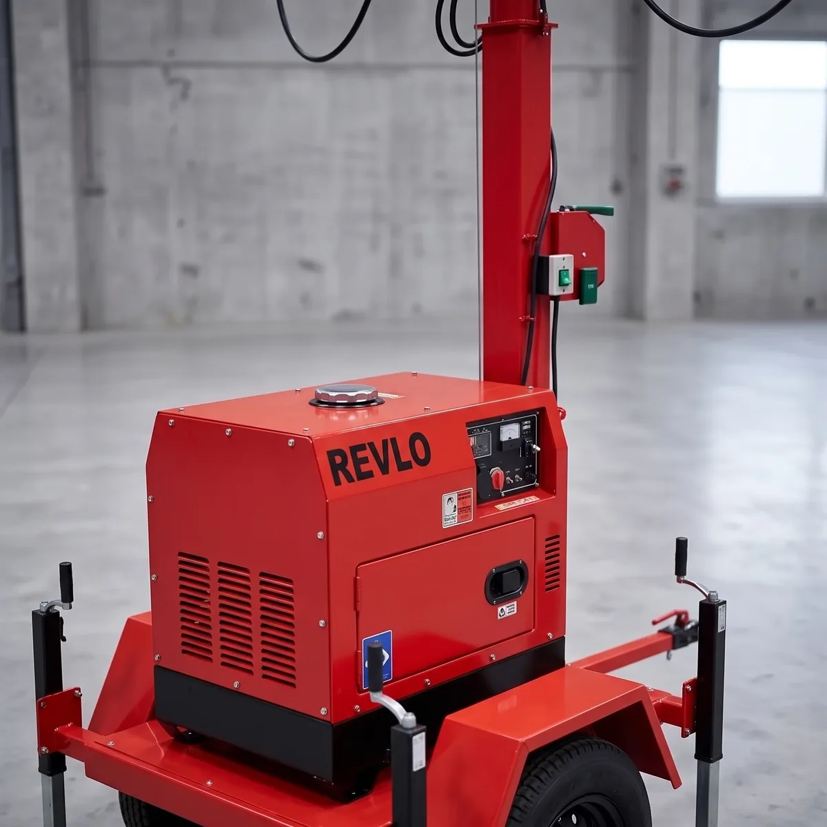 Gerador diesel REVLO da RV 4800 em detalhe, com o painel de controle, a tampa de combustível e a chave verde no mastro