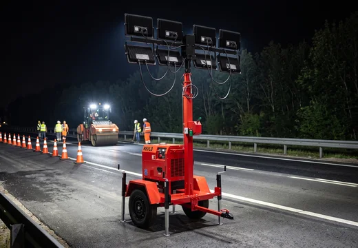 RV 4800 acesa na faixa interditada de uma rodovia à noite, com cones e equipe de manutenção