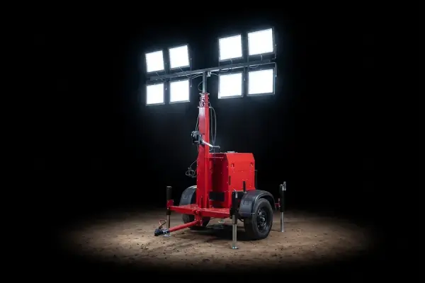 Torre de iluminação RV 4800 sobre reboque, com os oito refletores acesos no escuro