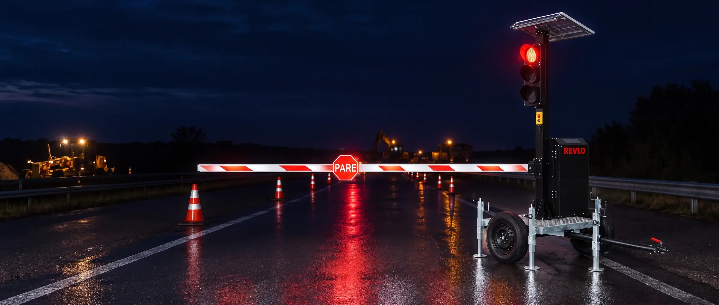 Semáforo móvel com cancela Revlo à noite numa rodovia molhada, com a cancela fechada e o foco vermelho aceso