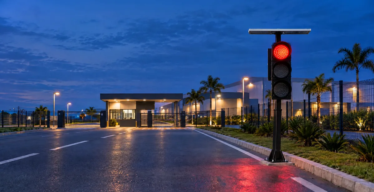 Semáforo solar em coluna na pista de entrada de uma empresa ao anoitecer, com o foco vermelho aceso de frente para quem chega e a portaria ao fundo