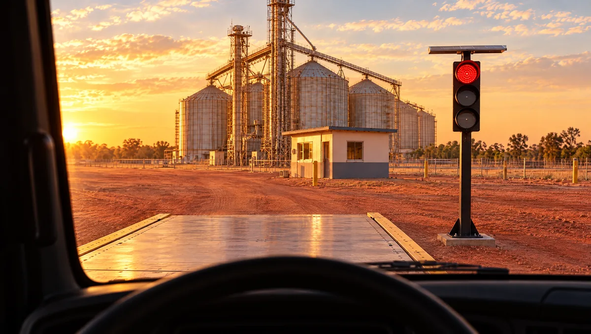 Vista do banco do motorista de um caminhão parado sobre a balança rodoviária: pelo para-brisa, um semáforo solar logo depois do fim da plataforma mostra o vermelho