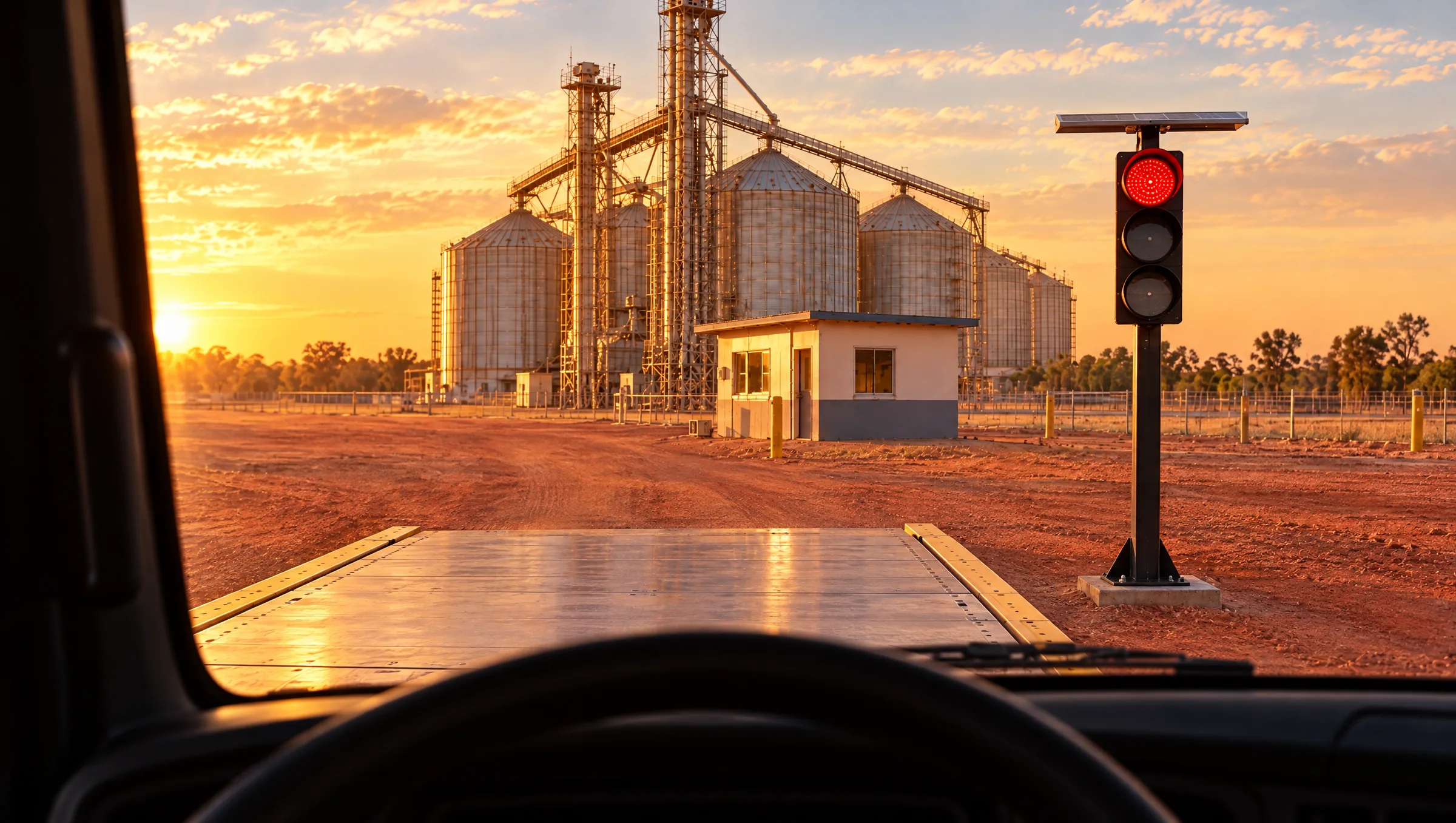 Vista do banco do motorista de um caminhão parado sobre a balança rodoviária: pelo para-brisa, o semáforo solar Revlo logo depois do fim da plataforma mostra o vermelho