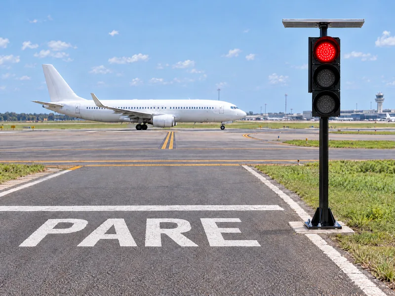 Semáforo solar Revlo com o vermelho aceso numa via de serviço de aeroporto, com um avião cruzando ao fundo