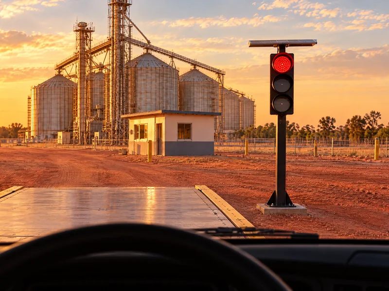Vista do motorista sobre a balança rodoviária, com o semáforo solar Revlo no vermelho logo depois da plataforma
