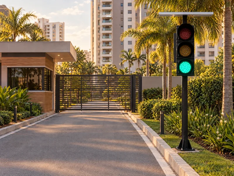 Semáforo solar Revlo com o verde aceso na pista de entrada de um condomínio residencial