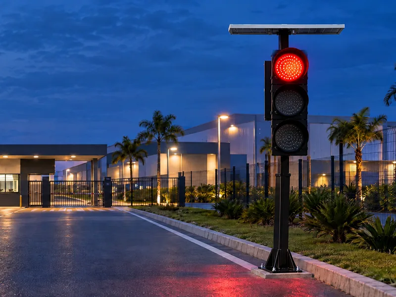 Semáforo solar Revlo com o vermelho aceso na pista de entrada de uma empresa, com a portaria ao fundo