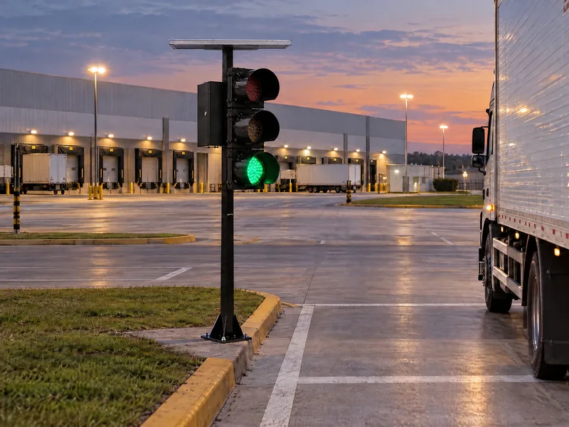 Semáforo solar Revlo com o verde aceso no pátio de um centro de distribuição, com um caminhão passando