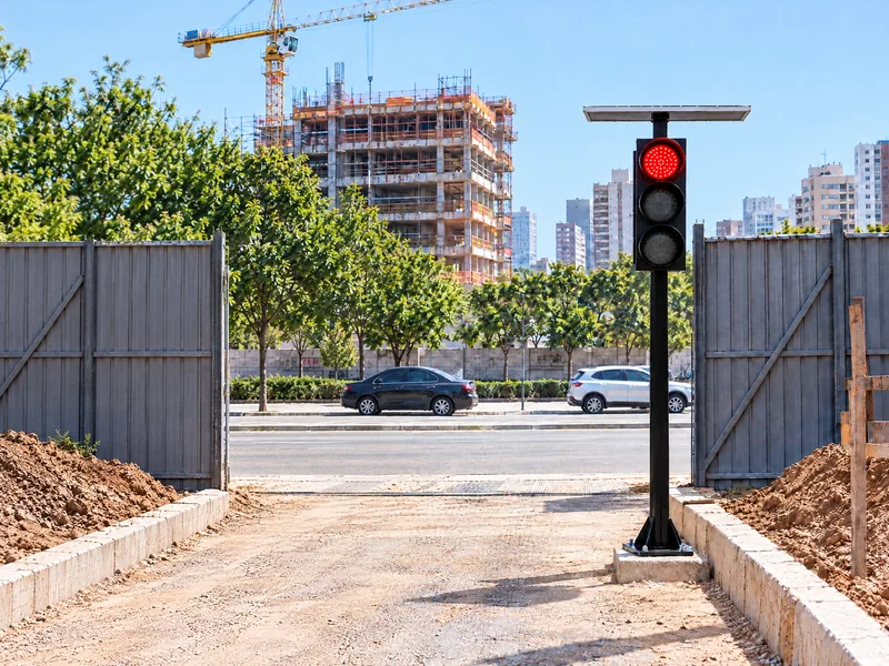 Semáforo solar Revlo com o vermelho aceso na pista de saída de um canteiro de obras, antes do portão que dá para a rua