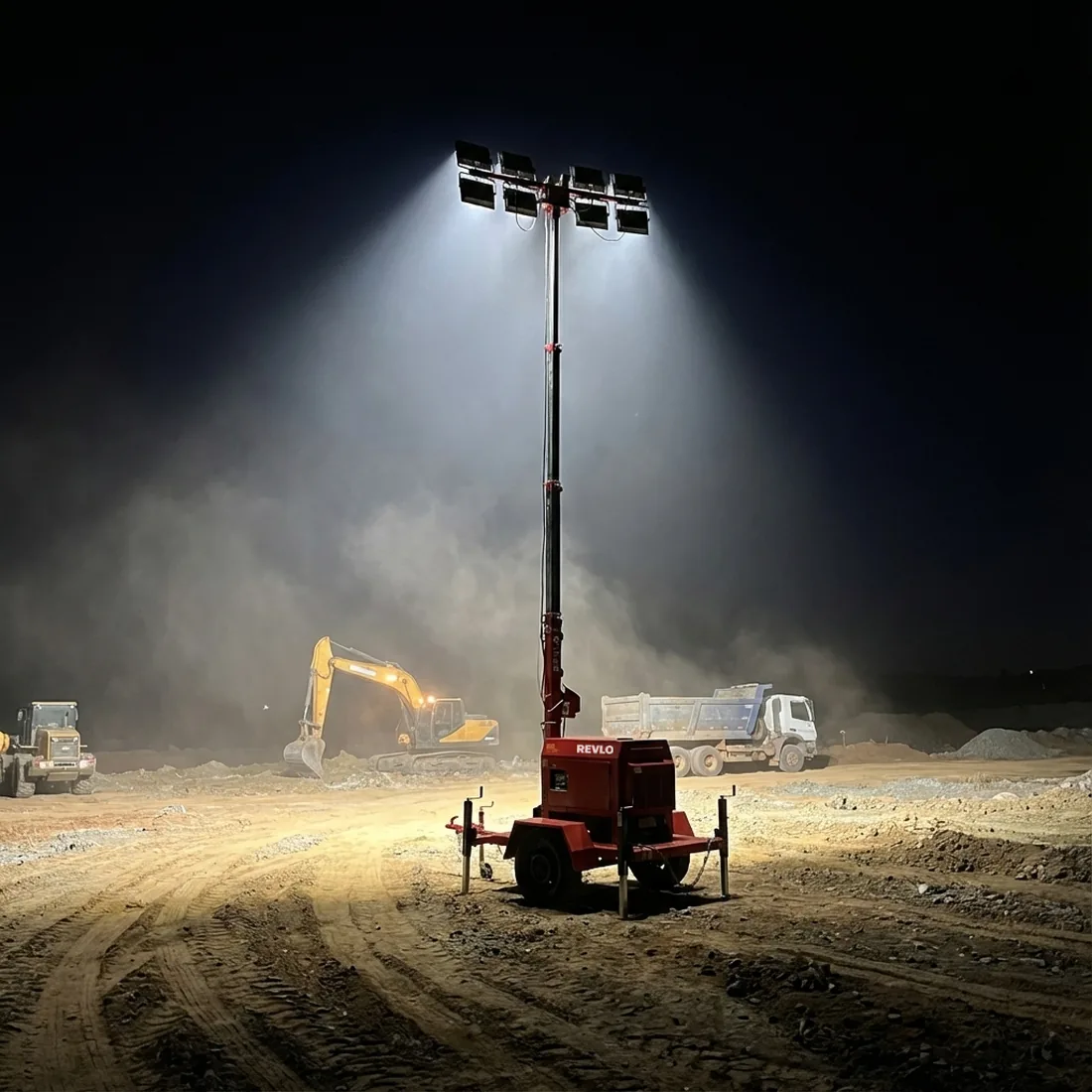 Torre de iluminação Revlo acesa em obra noturna