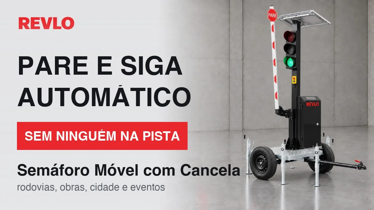 Capa do vídeo: semáforo móvel com cancela Revlo com a cancela levantada e o foco verde aceso, com o título Pare e siga automático, sem ninguém na pista